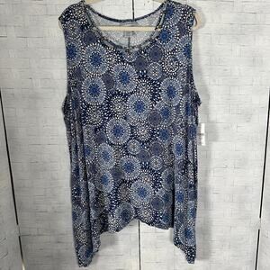 Catherine's women's tank top asymmetrical‎ beaded collar blues white plus size